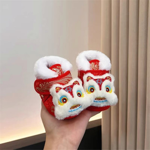 2026新年宝宝虎头鞋加绒加厚婴儿棉鞋地板袜防滑保暖红色学步鞋袜