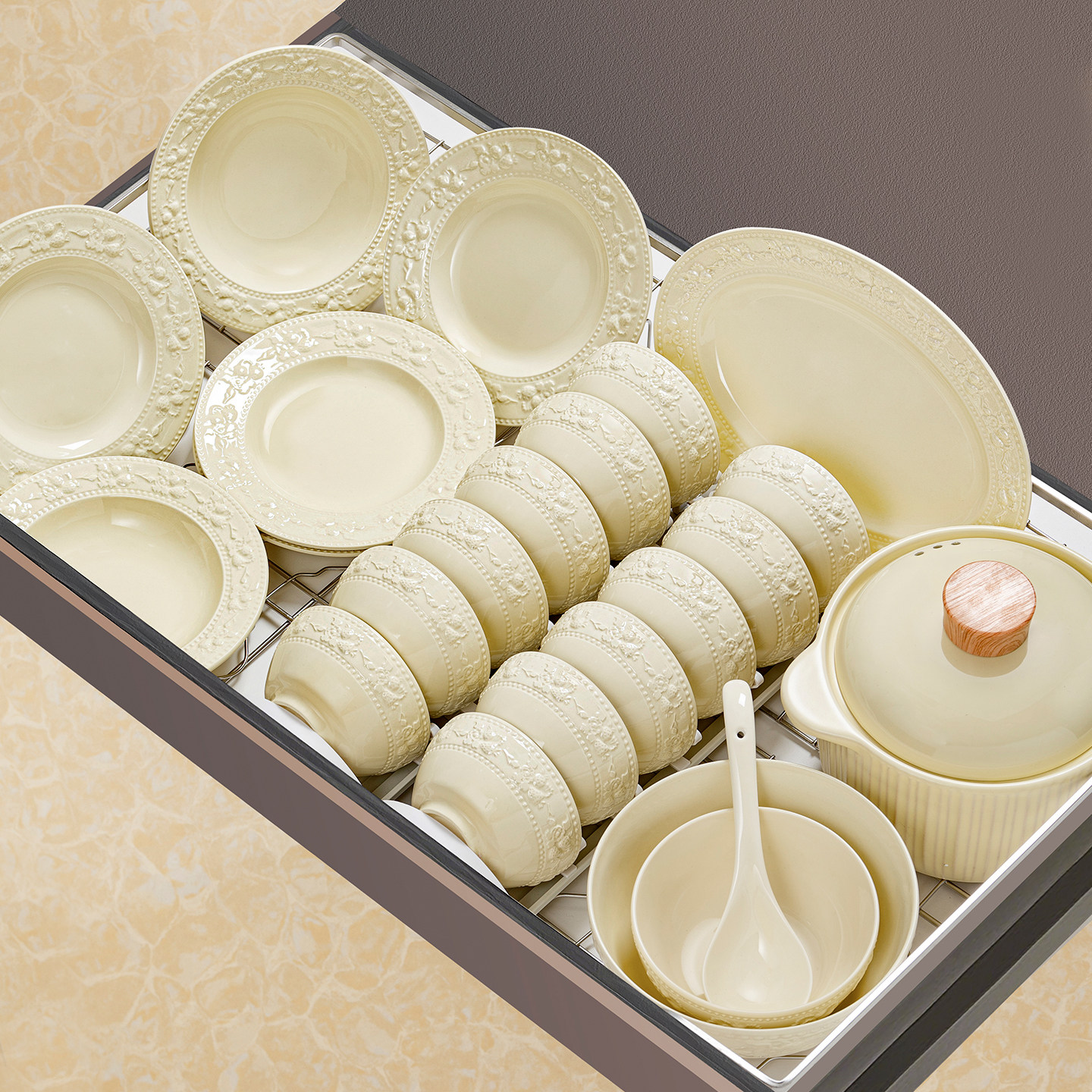 釉下彩浮雕餐具法式陶瓷碗碟套装家用2026新款餐具简约轻奢碗盘勺,餐饮具,碗,淘宝优惠券,粉丝福利购,淘宝优惠卷