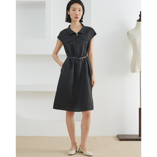 一丝牵 收腰长裙夏 拉链立领真丝香云纱龟纹连衣裙100%桑蚕丝连袖