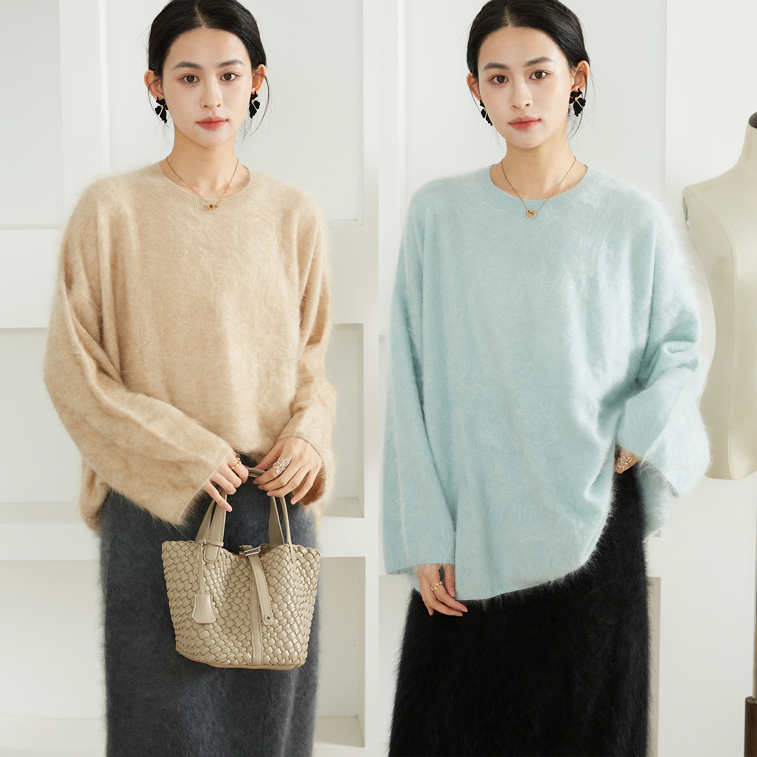 高定 100%山羊绒无缝一体圆领拉绒羊绒衫宽松慵懒风针织衫毛衣冬