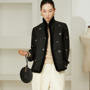 高定填充100%桑蚕丝龟纹香云纱水貂毛国风立领真丝棉服中式外套冬