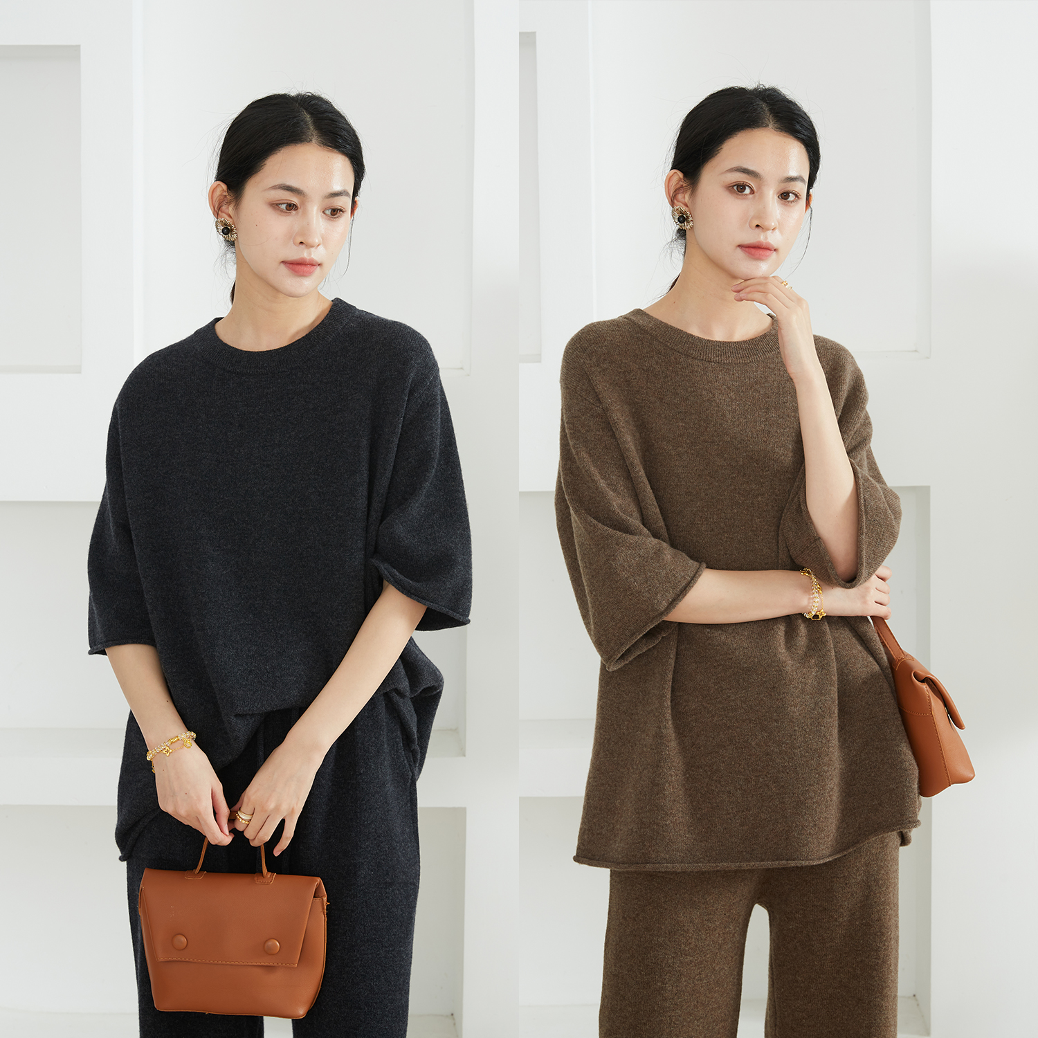 一丝牵100%美丽诺羊毛中长款针织衫上衣女慵懒26支卷边阔版毛衣秋