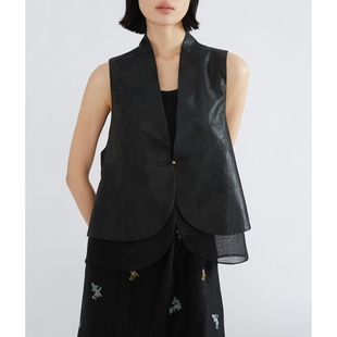 一丝牵 真丝香云纱提花马甲桑蚕丝国风V领宽松拼接欧根纱坎肩上衣