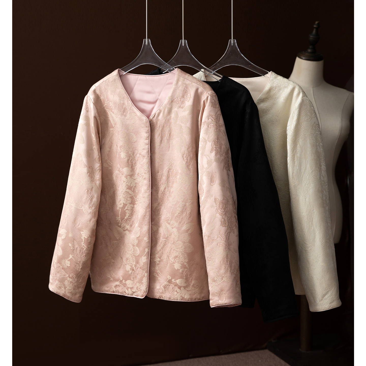 SILVIYE真丝羊毛织金夹棉外套丝毛冠乐绉提花女填充桑蚕丝棉服冬