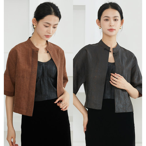 一丝牵 双面穿龟裂纹香云纱真丝茶服开衫女100%短外套国风上衣春