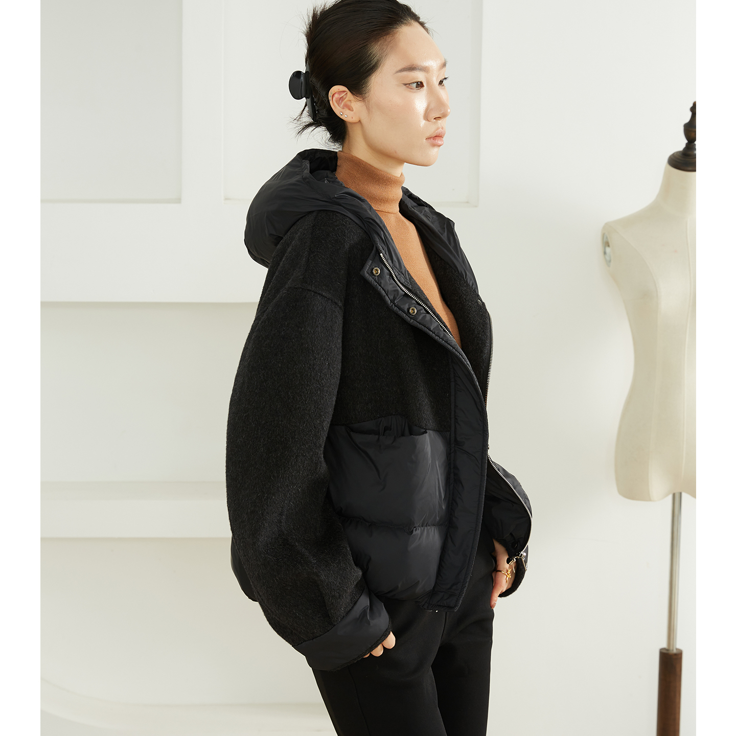 高定90国标白鸭绒羽绒服女100%羊毛连帽宽松双面呢子外套鹅绒服冬