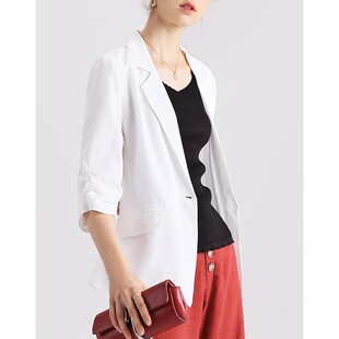 真丝西装 女士短外套西服春 100%桑蚕丝气质褶皱七分袖 SILVIYE溯也