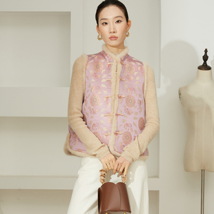 一丝牵填充100%桑蚕丝飞天兔提花真丝宋锦水貂毛国风棉服马甲女冬