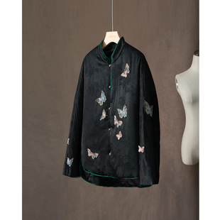 特惠 保暖棉衣冬 填充丝棉棉服外套女国风钉珠蝴蝶刺绣提花新中式