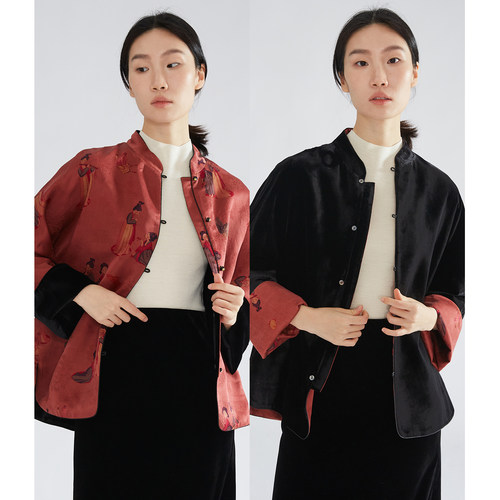 一丝牵双面穿真丝丝绒国风外套香云纱提花花萝桑蚕丝新中式开衫春