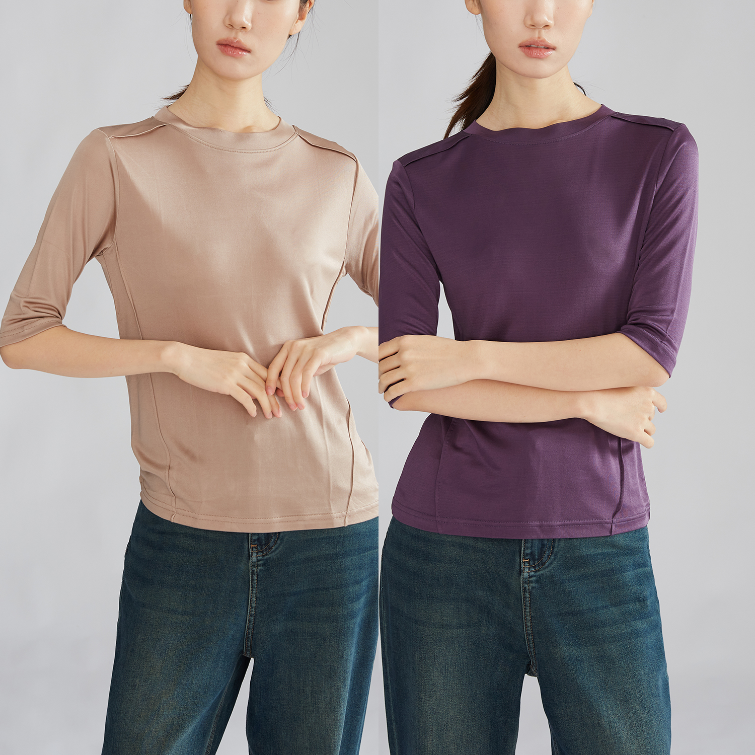 一丝牵 五分袖长袖圆领双面针织衫桑蚕丝女士真丝上衣打底衫女秋