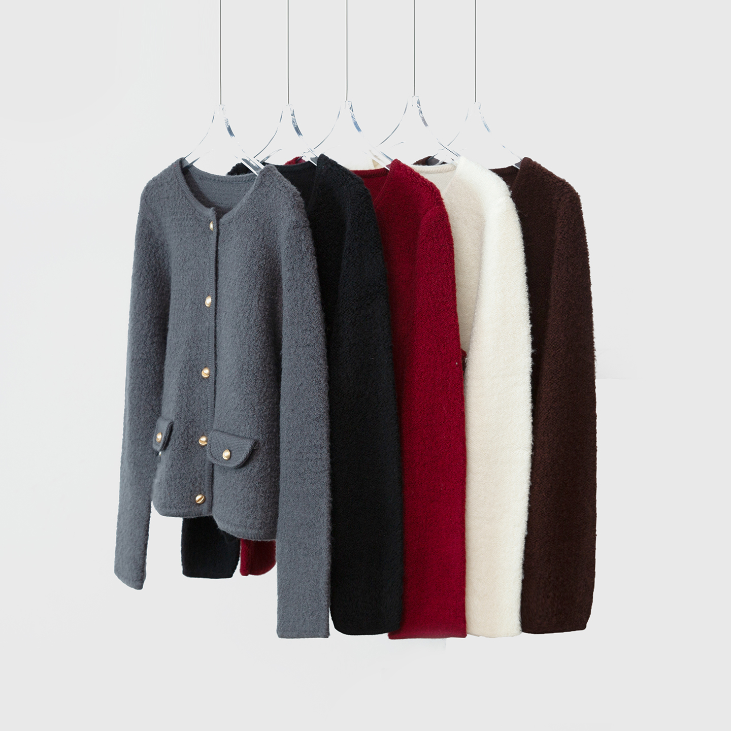 高定100%澳洲美丽诺羊毛短款针织开衫保暖外套女单排扣圆领大衣冬