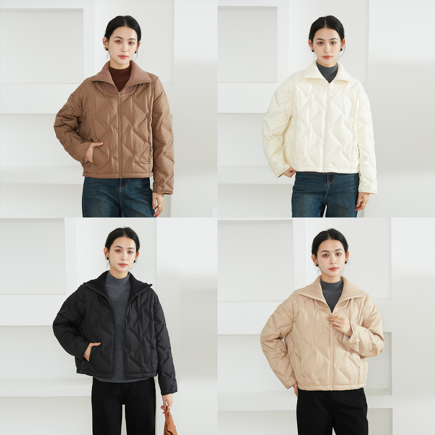 一丝牵95白鹅绒三防工面料压胶直充鹅绒服毛织立领外套保暖羽绒服