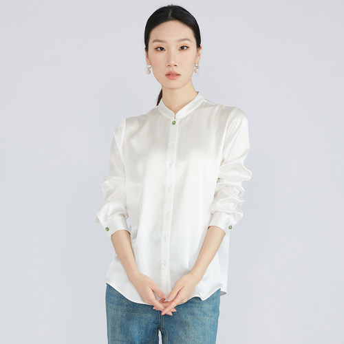 一丝牵 国风100%桑蚕丝素绉缎立领真丝长袖衬衫女缎面衬衣2026春