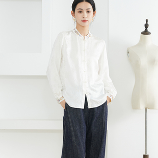 一丝牵100%桑蚕丝立领精致刺绣真丝花萝冠乐绉提花衬衫 珍珠扣衬衣