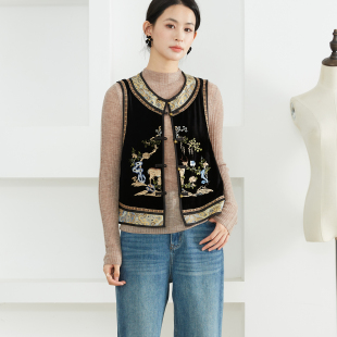 一丝牵 重工松鹿刺绣100%桑蚕丝底布丝绒拼接马甲女国风真丝马夹