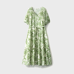 法式桑蚕丝双绉复古绿色树叶V领连肩袖系带收腰真丝优雅连衣裙