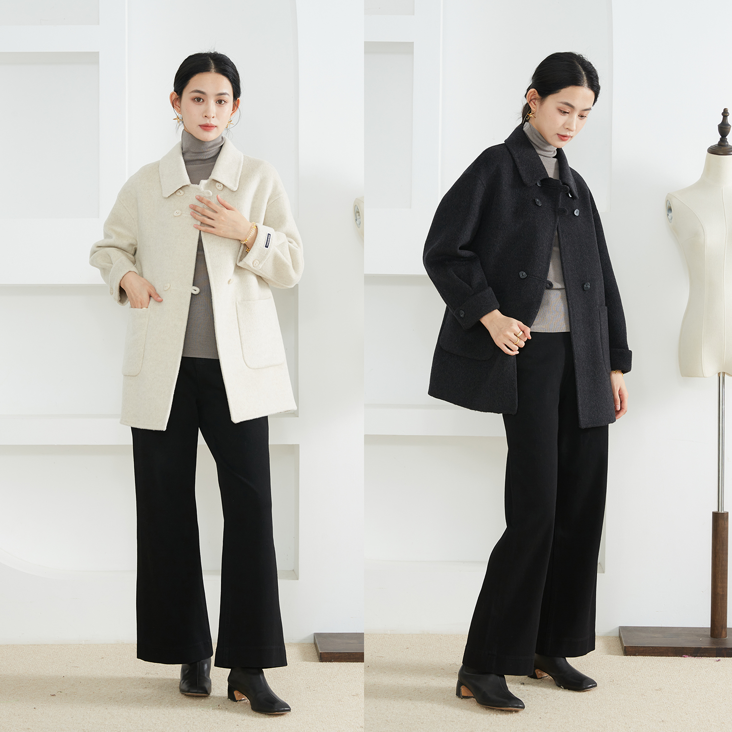 高定 羊毛羊绒双排扣小翻领中长款毛呢大衣双面呢外套小个子减龄