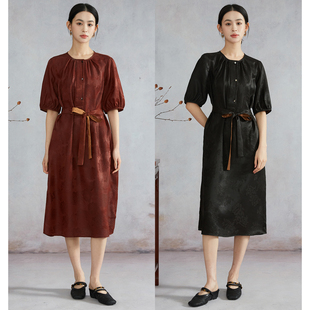 高定100%桑蚕丝香云纱国风提花真丝连衣裙女新中式 裙子夏 圆领短袖