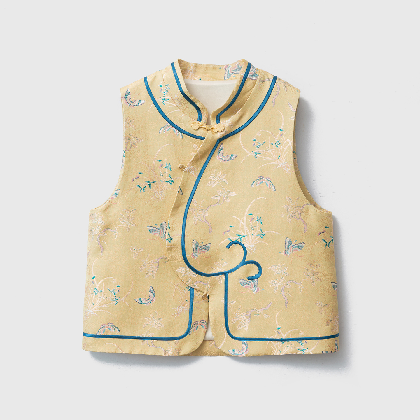 高定 100%桑蚕丝蝴蝶提花真丝宋锦新中式马甲国风立领上衣设计感