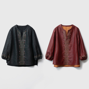 上衣宽松小衫 春 100%桑蚕丝V领刺绣真丝香云纱红云纱灯笼袖 一丝牵
