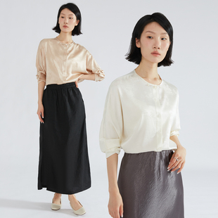 上衣女桑蚕丝圆领宽松新中式 衬衣 国风盘扣真丝提花缎长袖 一丝牵