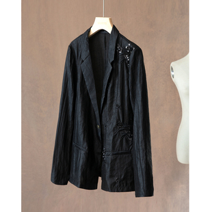 西服开衫 上衣 外套女新中式 高定100%桑蚕丝亮片刺绣香云纱真丝西装