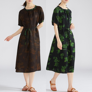 一丝牵 100%桑蚕丝香云纱绞萝真丝连衣裙系带收腰a字裙夏 双面穿