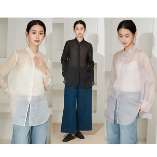 高定 100%桑蚕丝欧根纱提花防晒衣上衣 国风真丝绡外套立领开衫