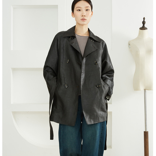 收腰高级感 一丝牵100%桑蚕丝真丝香云纱双排扣风衣外套女翻领时尚