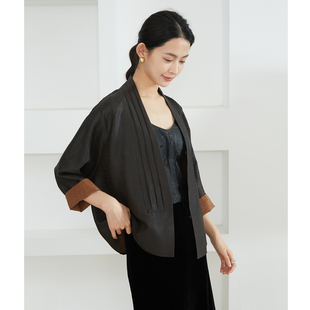 真丝开衫 龟纹老料100%桑蚕丝香云纱龟裂纹短外套压褶挽袖 一丝牵