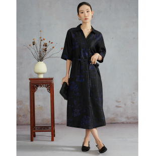 裙 真丝连衣裙国风衬衫 SILVIYE溯也 100%桑蚕丝龟纹香云纱翻领中袖