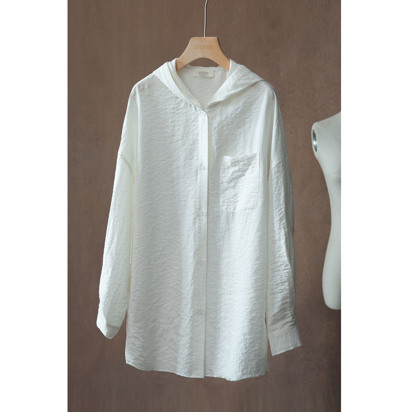 高定干丝长袖衬衫女可干洗真丝连帽防晒衣桑蚕丝夏季宽松休闲上衣