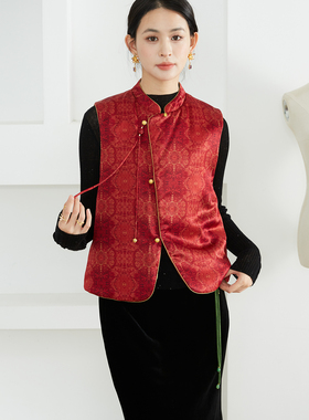 一丝牵双面穿40姆米香云纱重锻真丝夹棉马甲国风桑蚕丝马褂背心冬