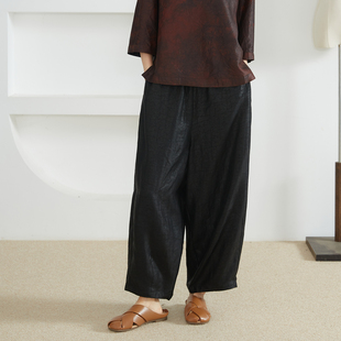 一丝牵 九分裤 女100%桑蚕丝休闲裤 夏 真丝香云纱黑龟纹宽松哈伦裤