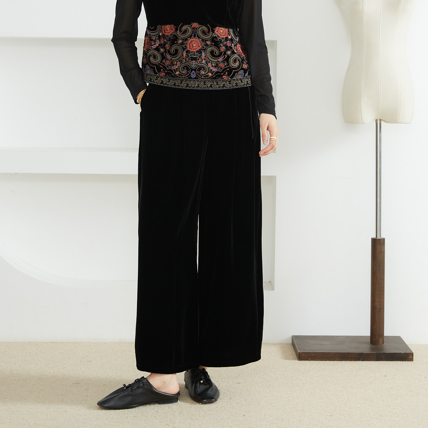 一丝牵100%桑蚕丝底布丝绒真丝阔腿裤女宽松高腰垂感休闲裤直筒裤,女装/女士精品,休闲裤,淘宝优惠券,粉丝福利购,淘宝优惠卷