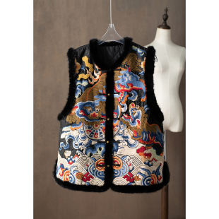 SILVIYE奢品刺绣国风填充100%桑蚕丝香云纱水貂毛棉服马甲外套新