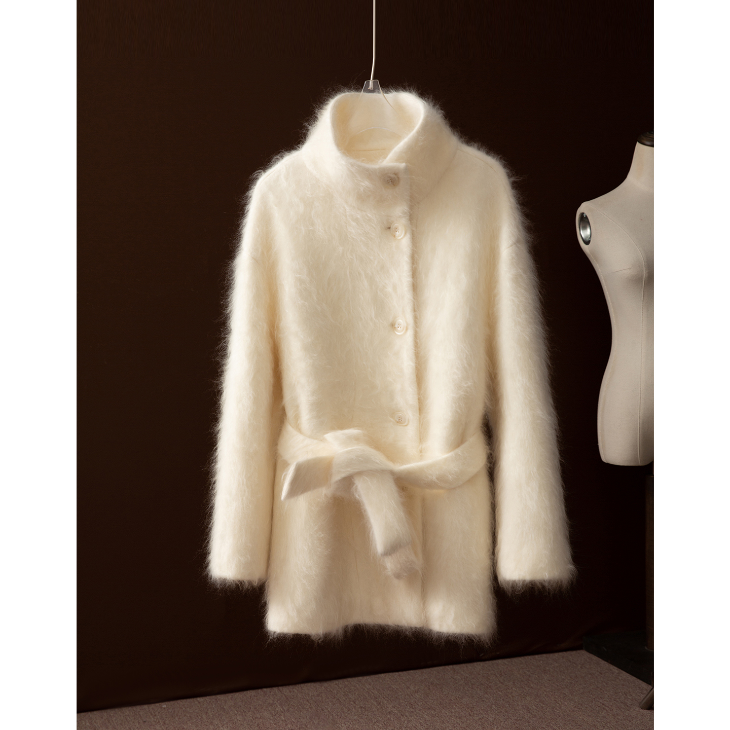 高定皮草级100%山羊绒拉毛双面呢大衣高级感系带中长款毛呢外套冬