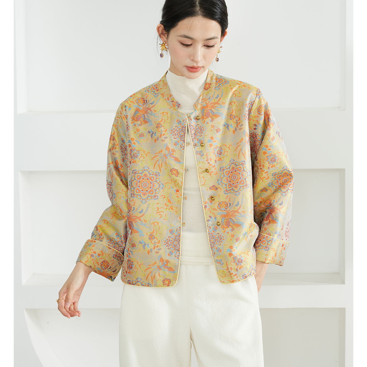 高定 凤凰宝相花100%桑蚕丝宋锦真丝开衫外套新中式宽松挽袖上衣