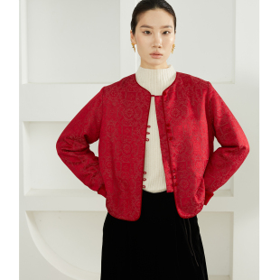 棉衣 一丝牵填充100%桑蚕丝螺钿织金丝毛国风红色新年棉服女新中式