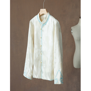 开衫 上衣春 立领丝毛外套女桑蚕丝羊毛国风立领提花长袖 高定新中式