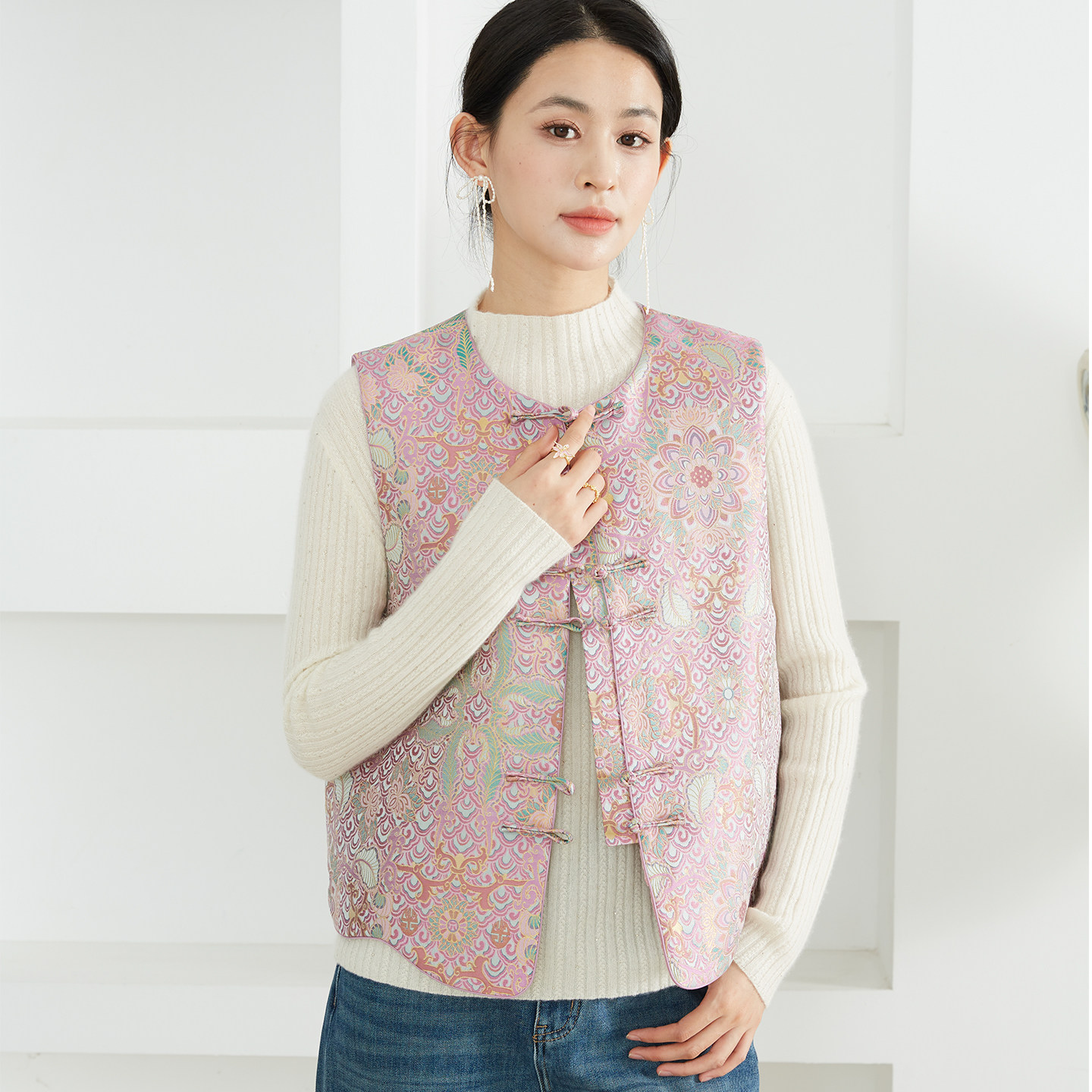 一丝牵填充100%桑蚕丝重工真丝粉色宝相花夹棉马甲新中式国风外套,女装/女士精品,马夹,淘宝优惠券,粉丝福利购,淘宝优惠卷