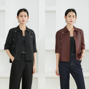 高定 女POLO领上衣春 100%桑蚕丝钉珠刺绣老料缎龟红云纱真丝衬衫