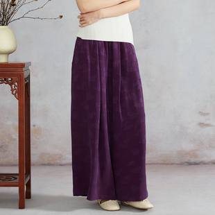 高定 真丝阔腿裤 女宽松长裤 子春 100%桑蚕丝紫色提花香云纱新中式