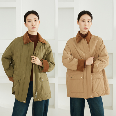 高定95白鹅绒羽绒服中长款灯芯绒拼接撞色翻领菱格三防鹅绒服外套