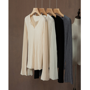 春 显瘦打底衫 SILVIYE溯也 多色丝毛V领坑条上衣女桑蚕丝羊毛修身