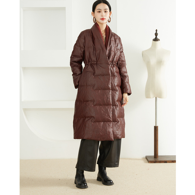 老料红云纱90白鹅绒中长款羽绒服100%桑蚕丝防风收腰保暖外套冬装