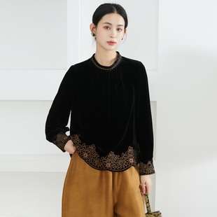 真丝衬衫 长袖 女春 100%桑蚕丝底布丝绒刺绣立领灯笼袖 SILVIYE溯也