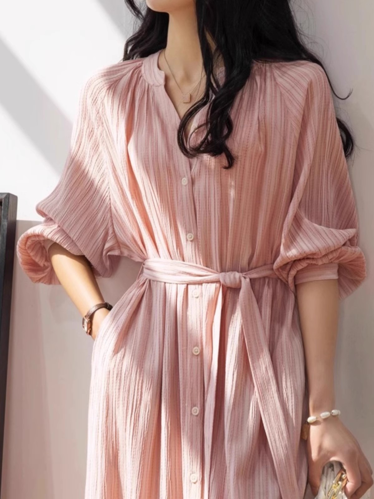 衬衫连衣裙女夏新款天丝条纹宽松收腰显瘦系带裙温柔约会仙女长裙