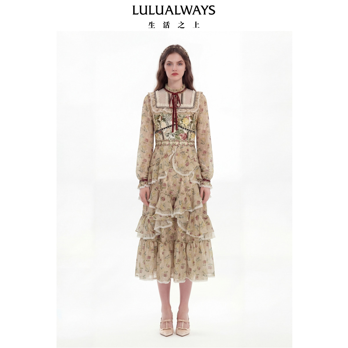 LULUALWAYS【商场同款】26春季新款法式雪纺荷叶边长袖长款连衣裙